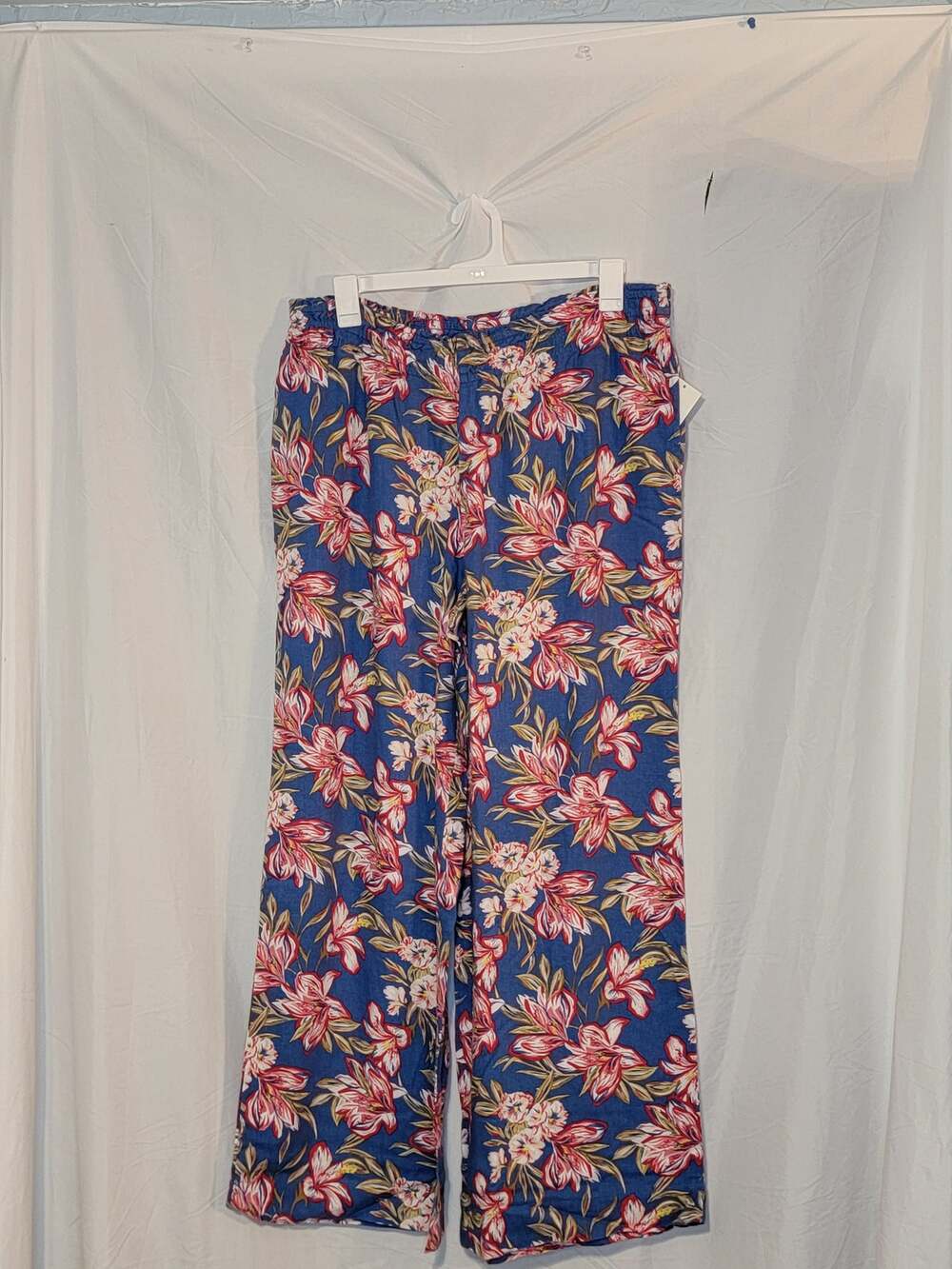 A New Day Women's Linen Wide Leg Pull-on Pants Blue Floral Sz XL Long